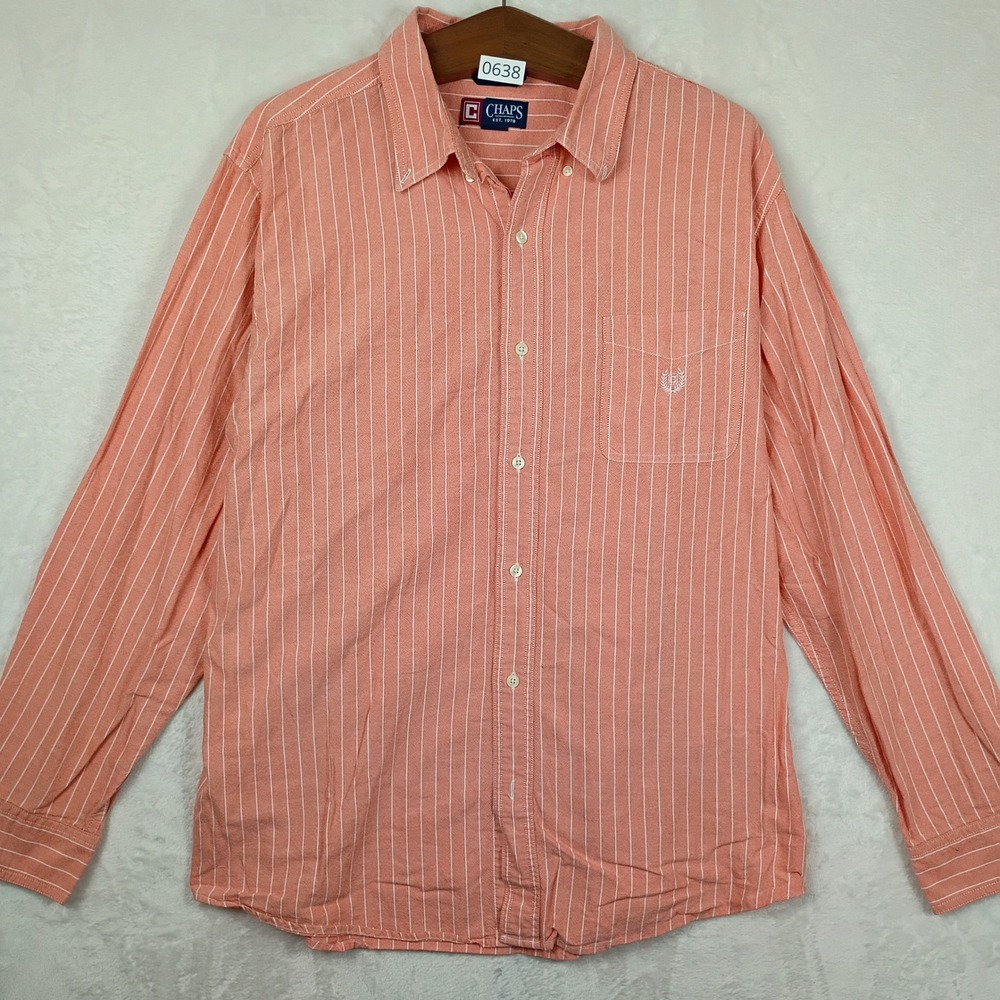 Chaps Button Down Shirt Mens XXL Orange Striped Long Sleeve 90s Vintage Preppy